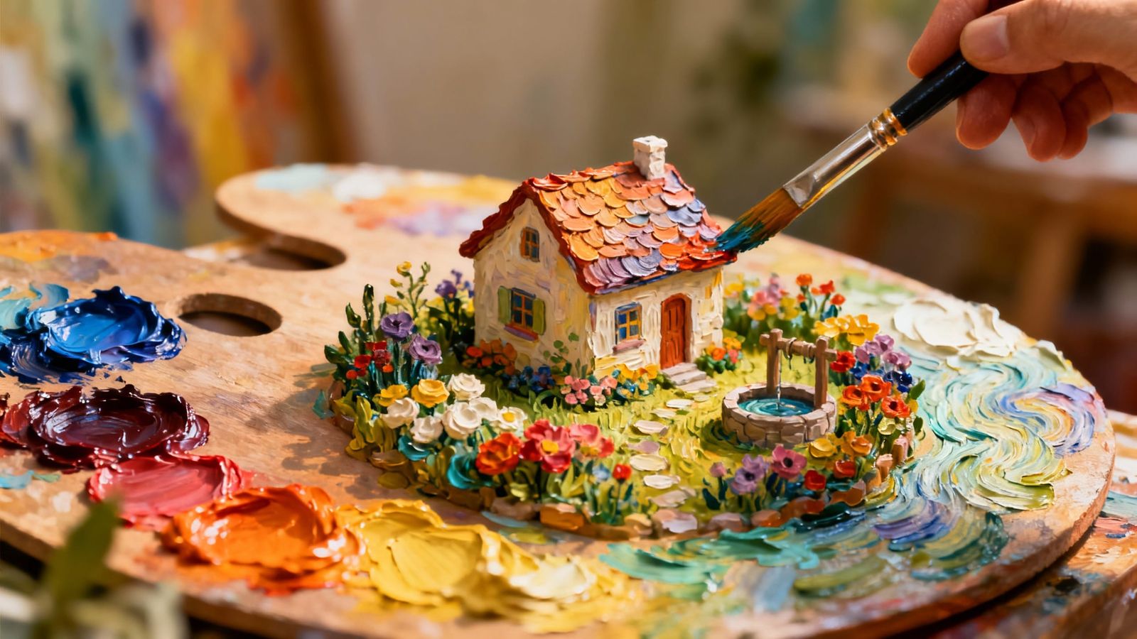 3D Paint Palette with House Painting in Oil Style