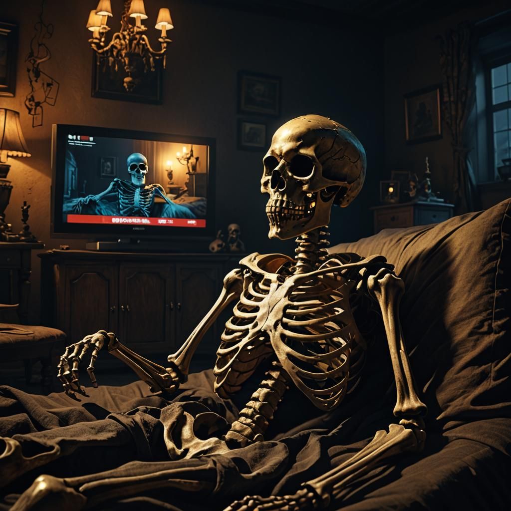 Skeleton Watches TV: Hyper-Realistic Digital Art