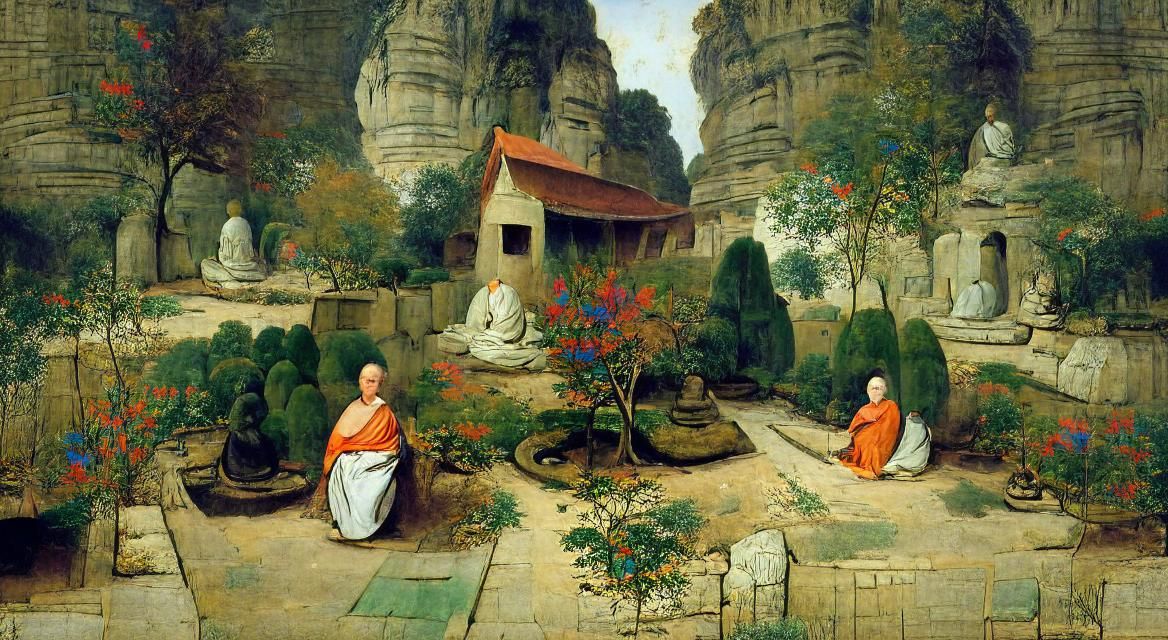 Colorful Garden at Monk's Temple in Naive Art Style