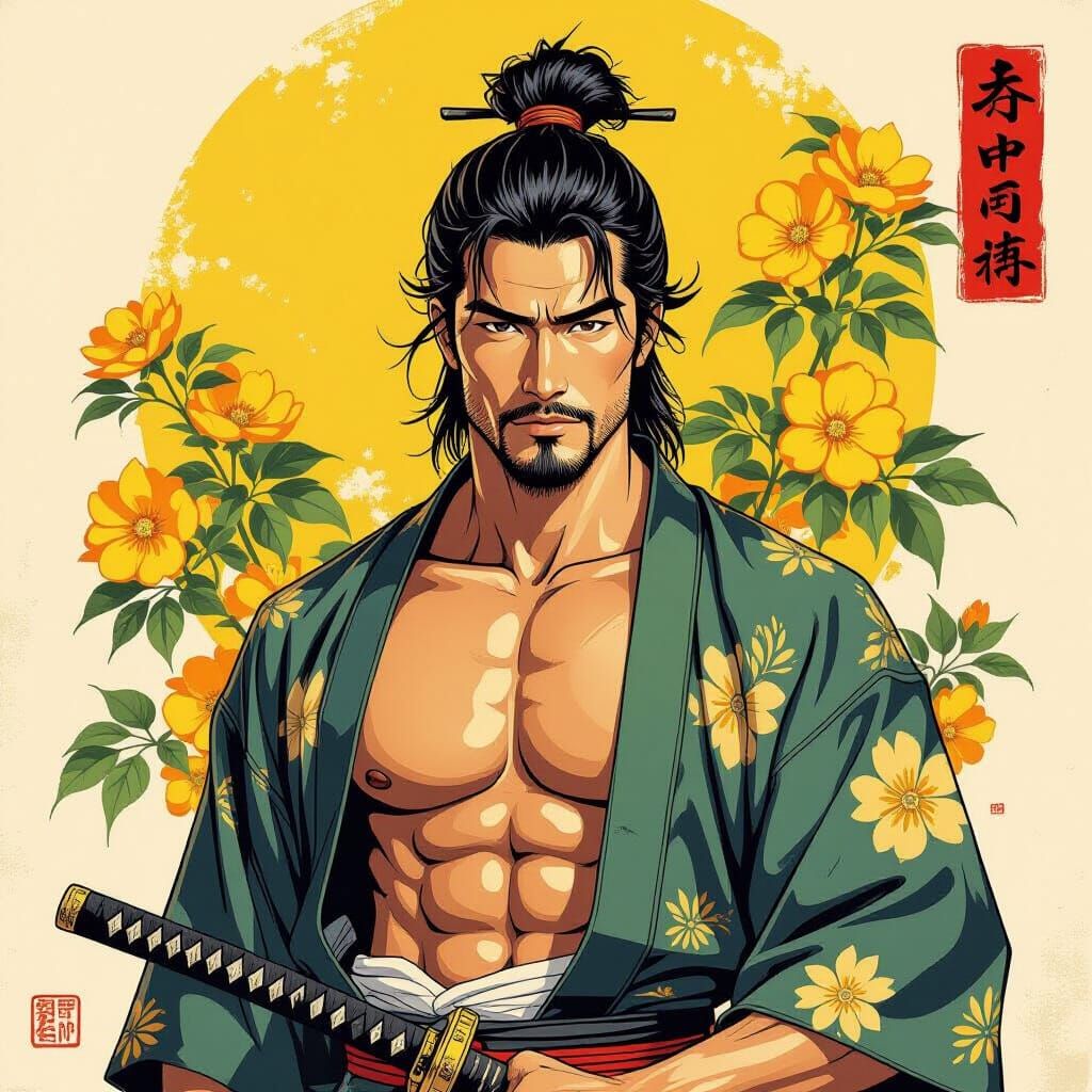 Muscled Samurai in Japanese Inksplash Style