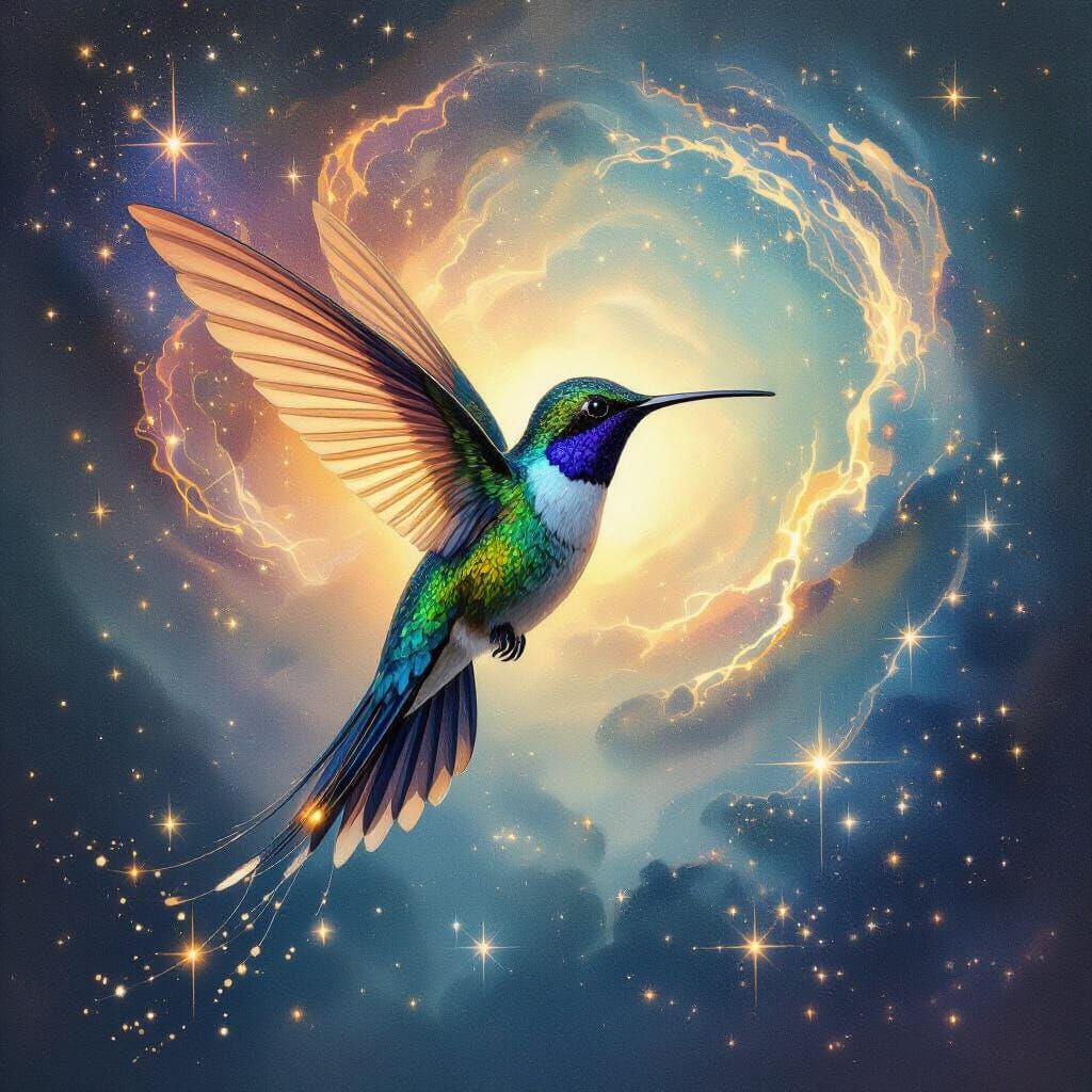 Hummingbird Amidst Celestial Nebula in Watercolor Art Deco S...