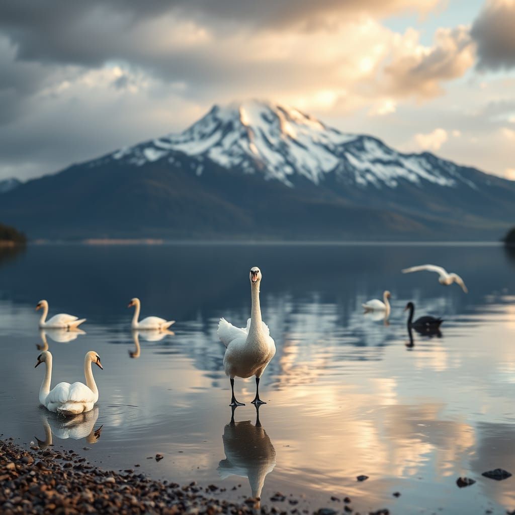 Majestic White Swan Reflected on Serene Lake