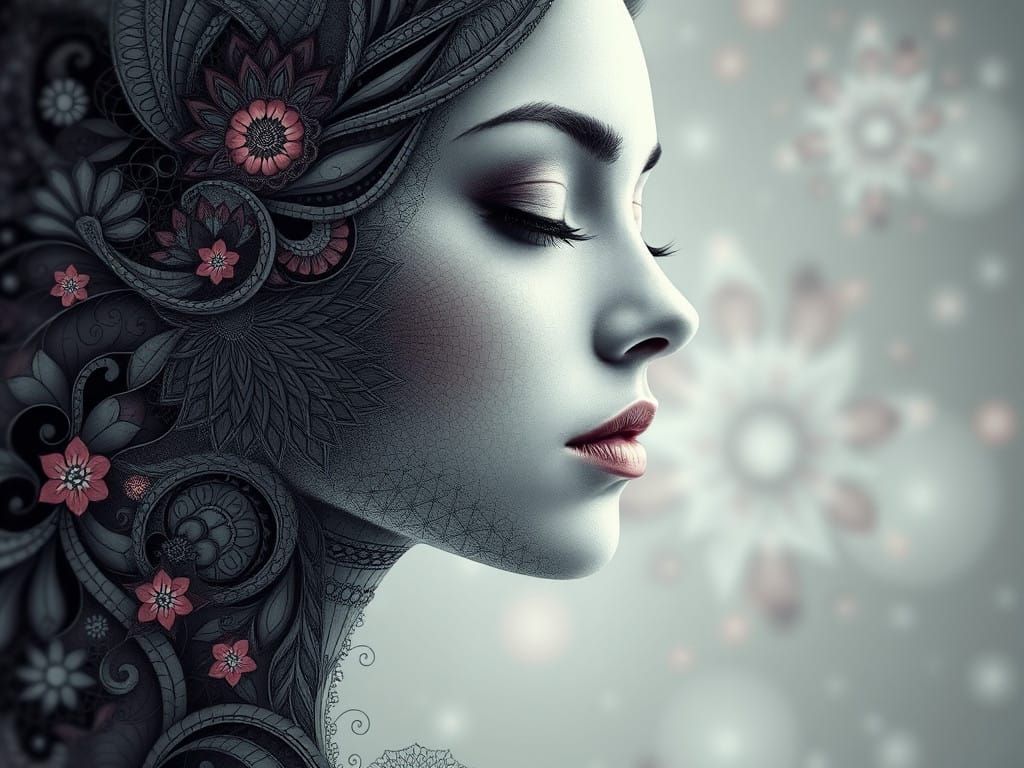 Ethereal Fractal Woman in Zentangle Art