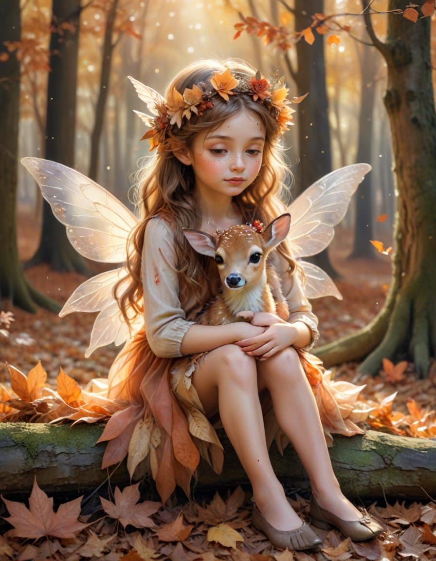 Whimsical Autumn Fairy Hugging a Fawn Watercolor