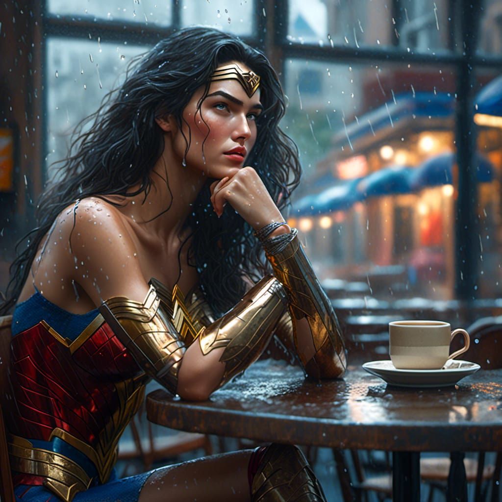 Wonder Woman sitting in a cafe drinking coffee on a rainy day,