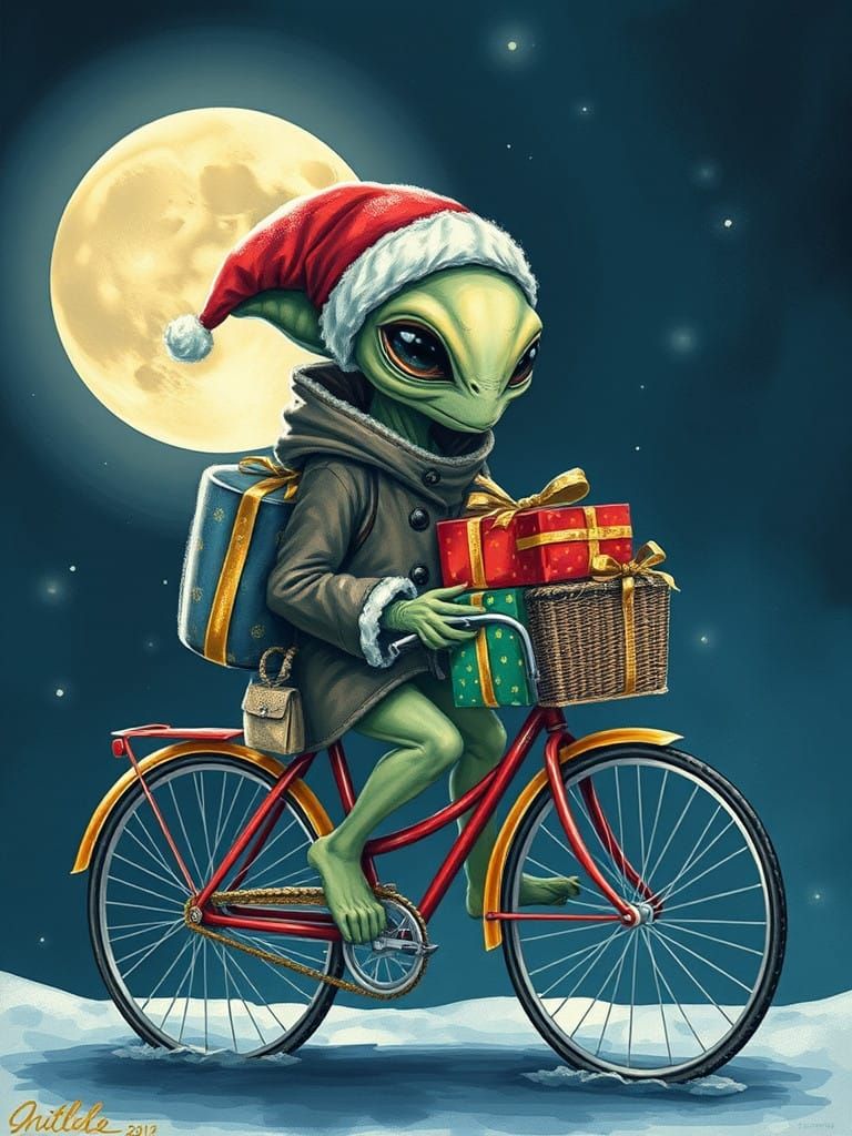 Whimsical Alien Christmas Rider in Winter Wonderland