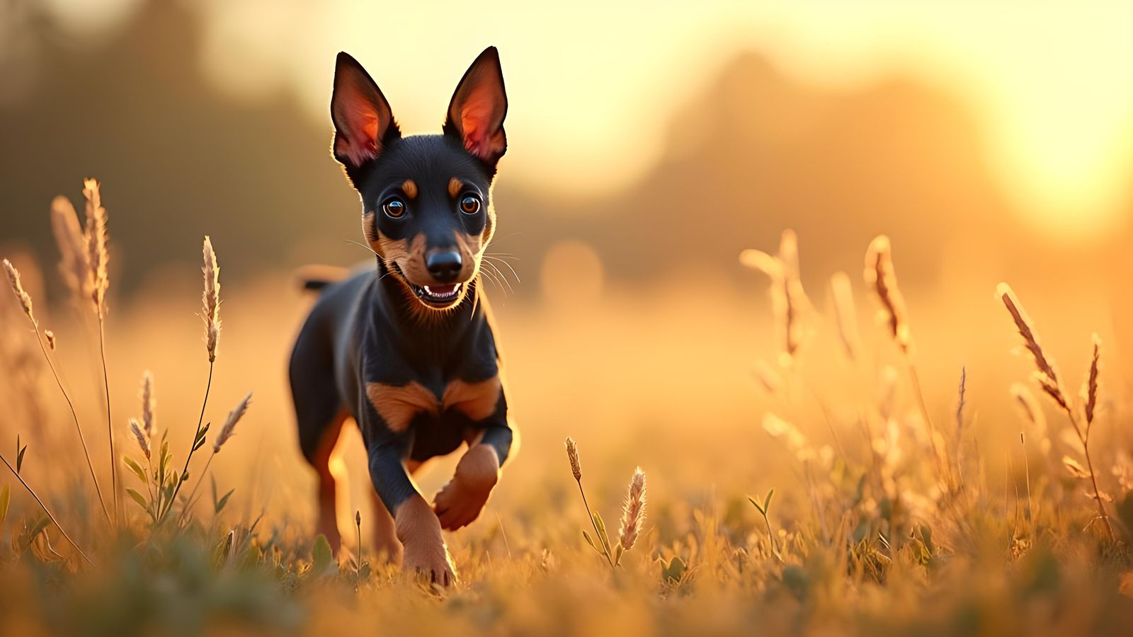 Miniature Pinscher Running Through a Freshly Cut Field