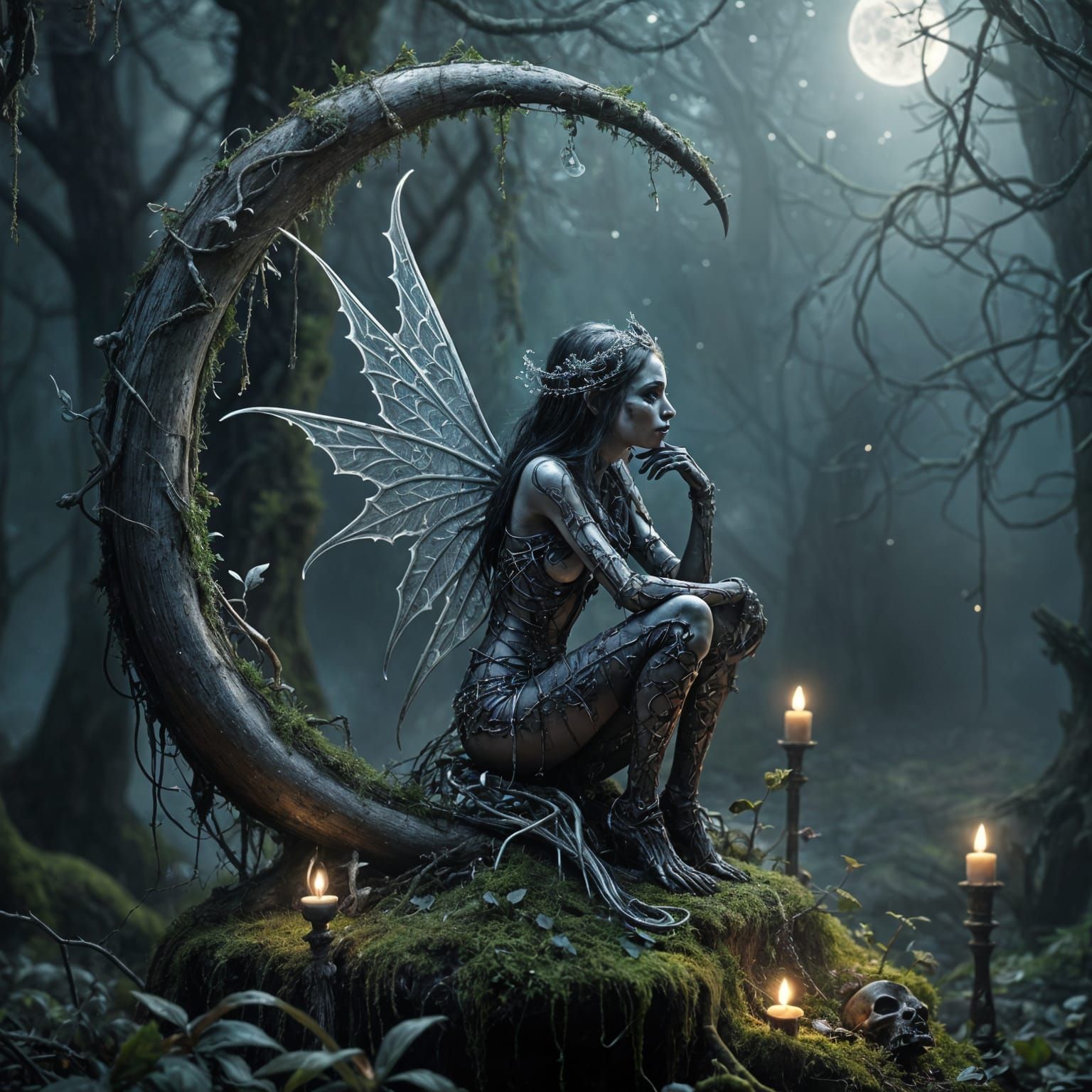 Dark Fairy Perched on Glowing Lunar Crescent