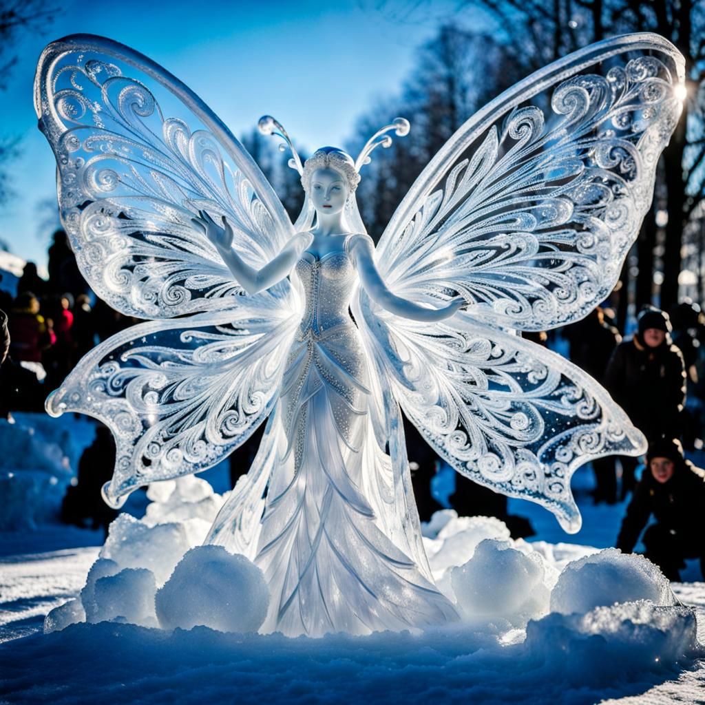 Hyperrealistic Ice Sculpture of a Winged Fairy