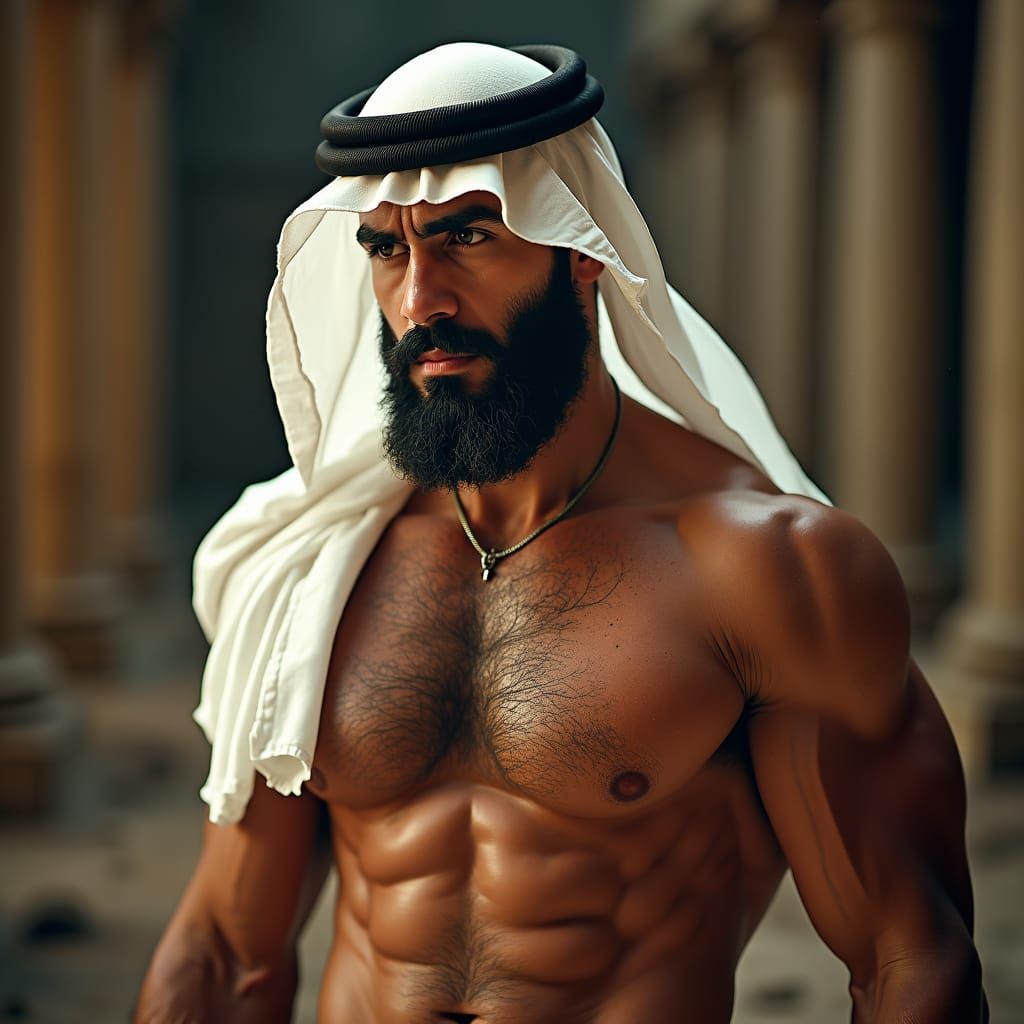 Muscular Arab Bodybuilder in Ghutra: Cinematic Film Still