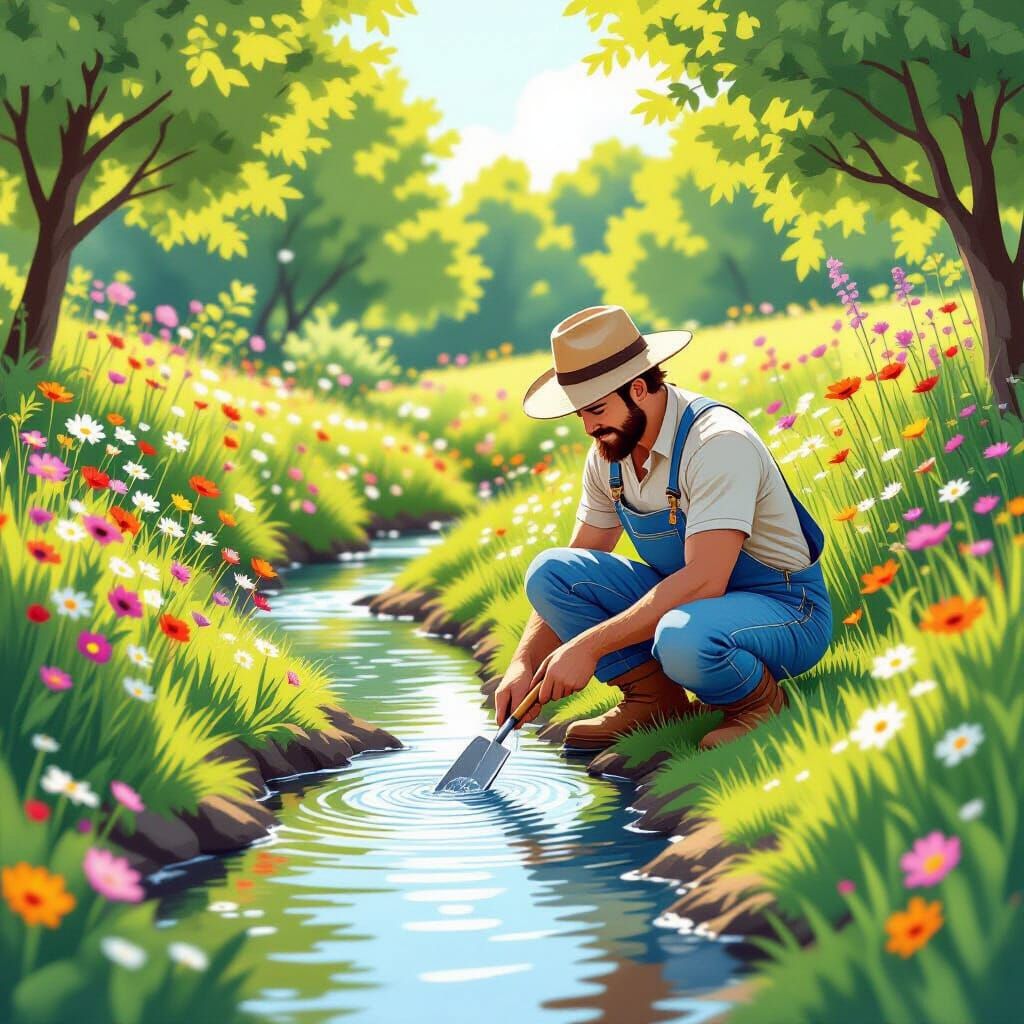 Cartoon Farmer Brings Water to Pond
