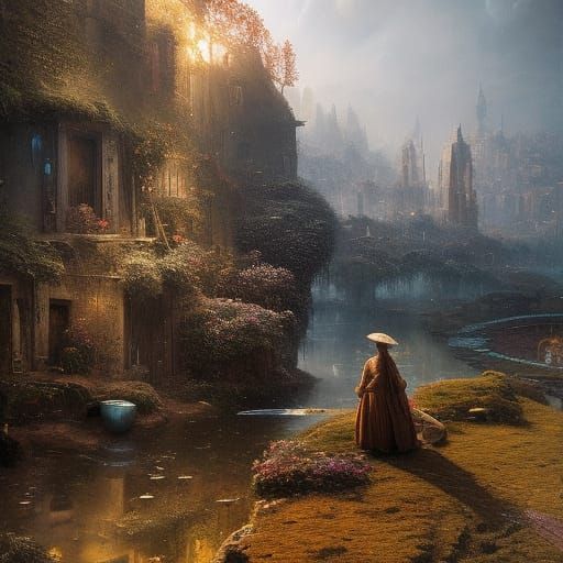 Surreal Woman-Child in Cityscape: A Surrealist Concept Art