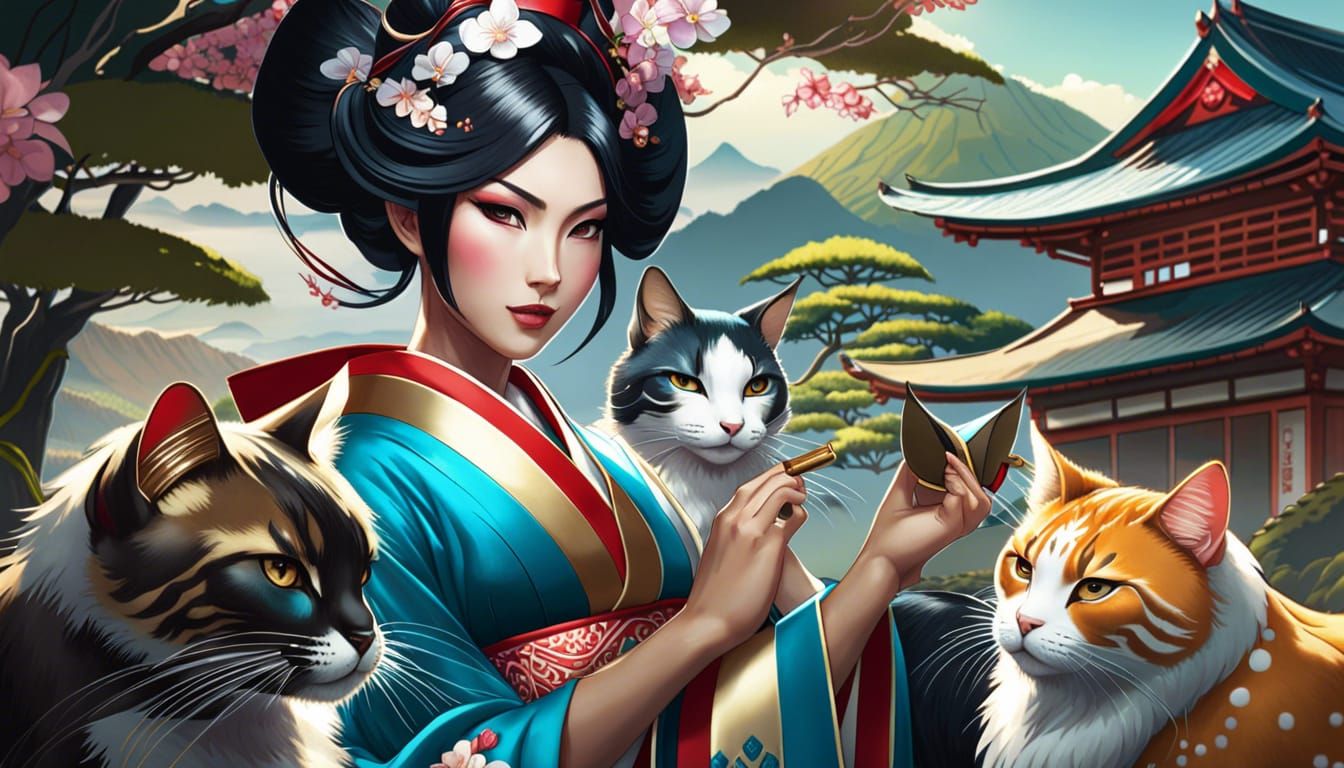 Cats from Japan's famous Aoshima Island (Cat Island) with a geisha girl