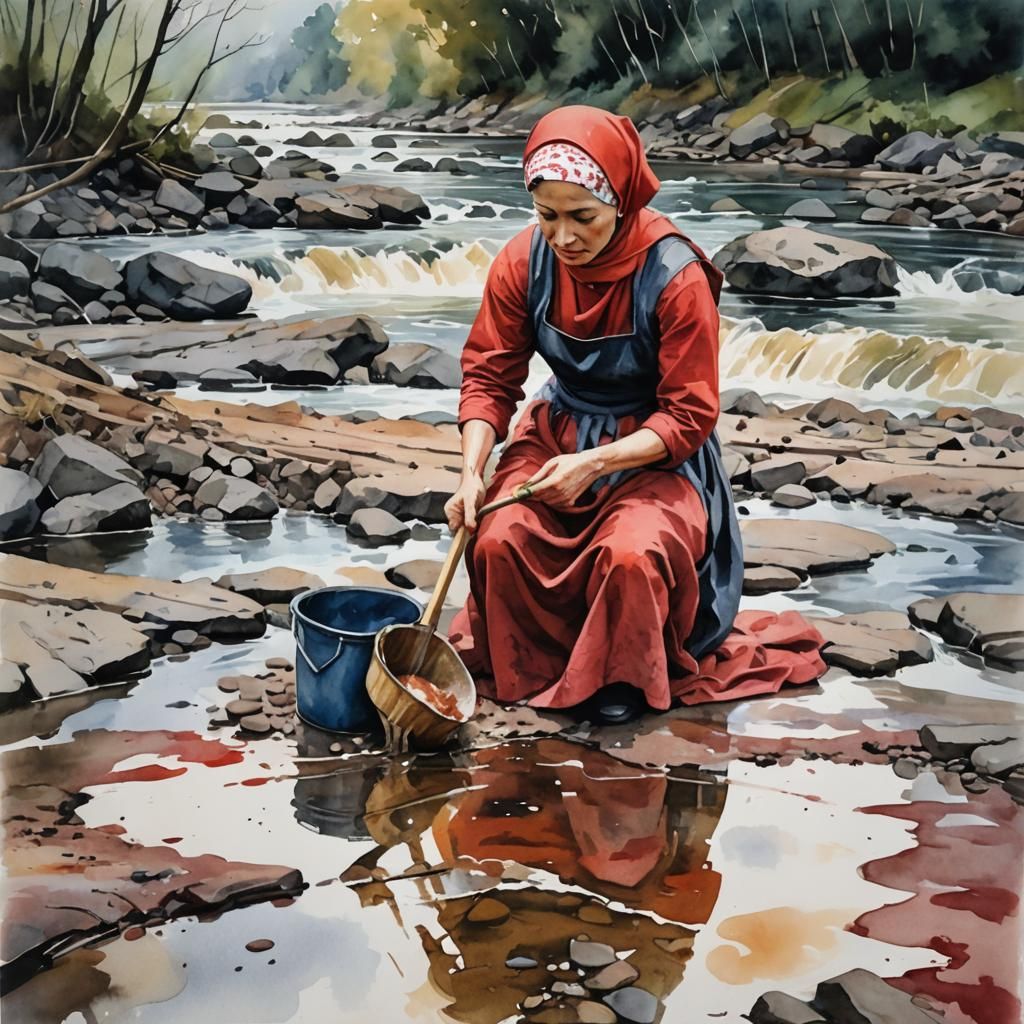 Woman Cleaning by River in Watercolor Style
