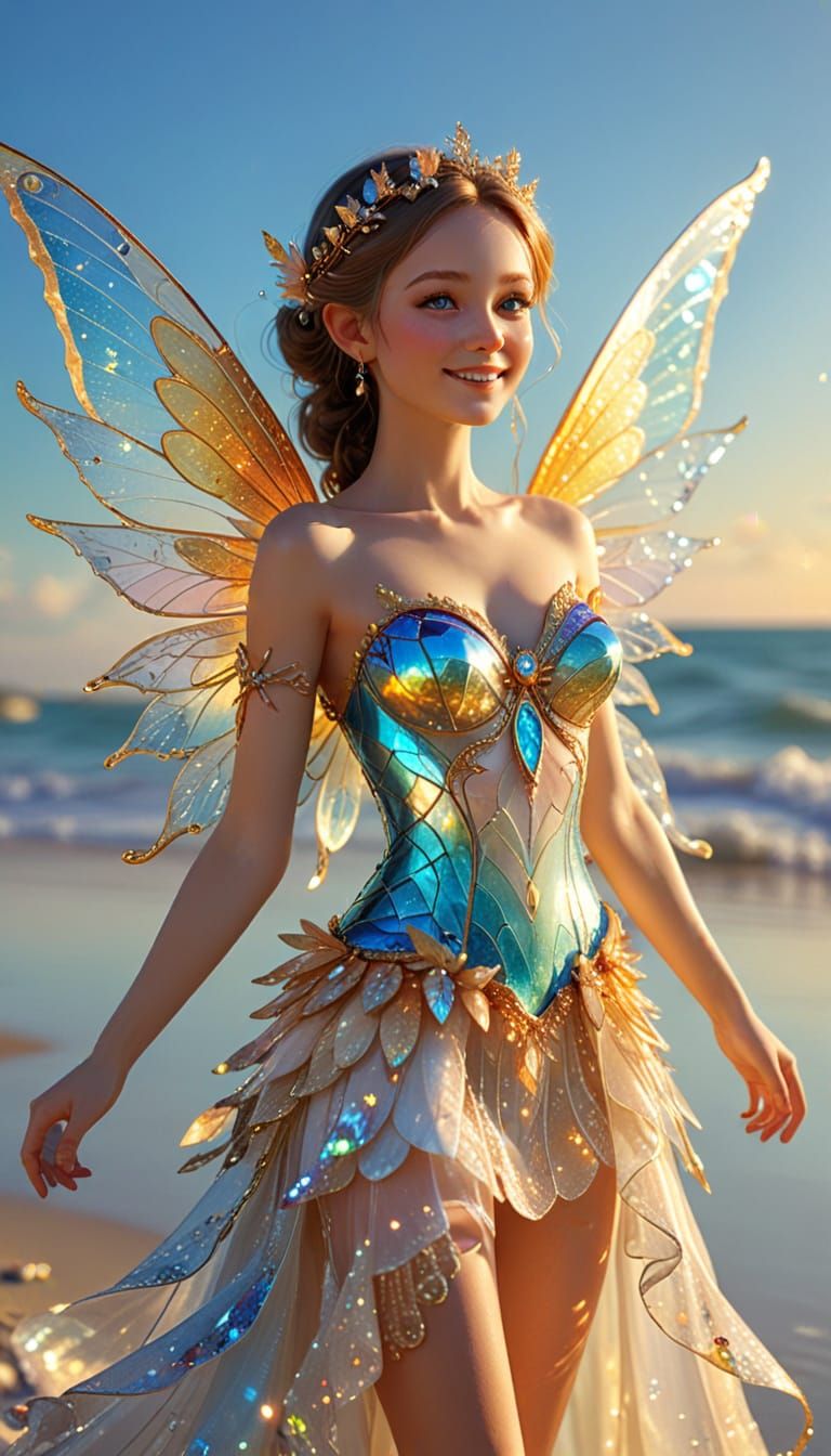Iridescent Fairy Bride on Sunny Beach: Digital Art
