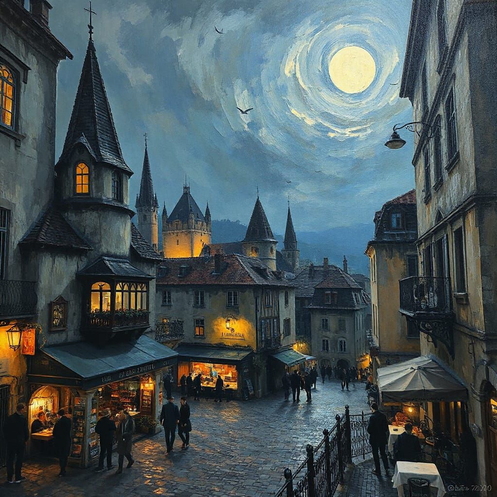 Medieval Town at Night in Impressionistic Style