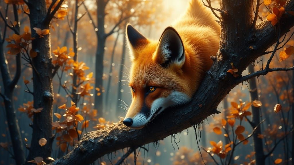 Relaxed Fox on Branch, Hounds Barking Below