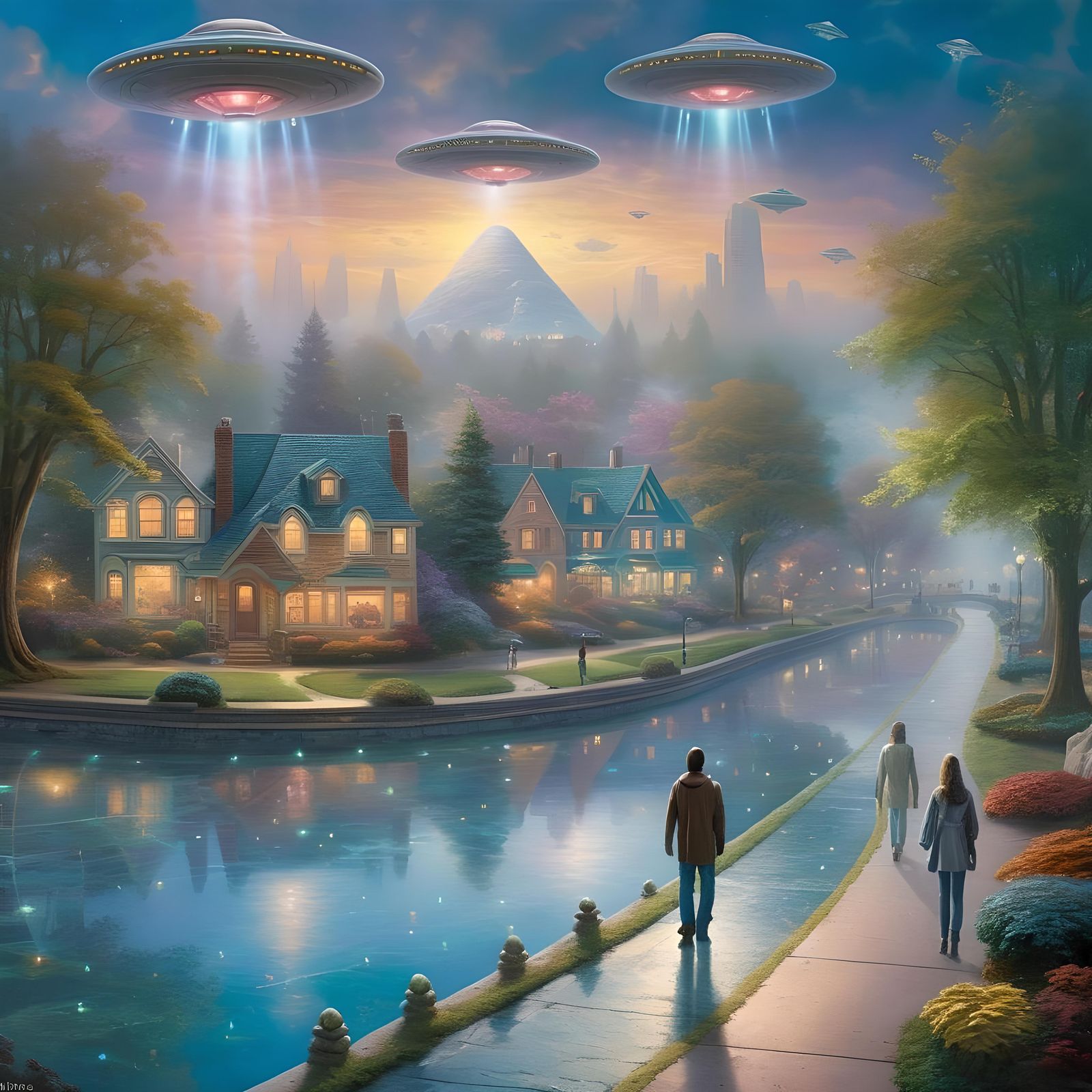 Futuristic UFO Flyover in Ethereal Fantasy Landscape