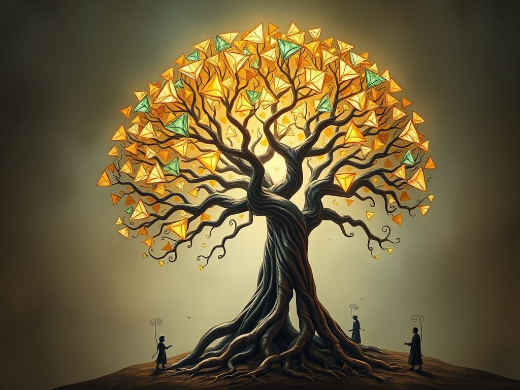 Surreal Copper Tree in a Dreamscape of Geometry and Light