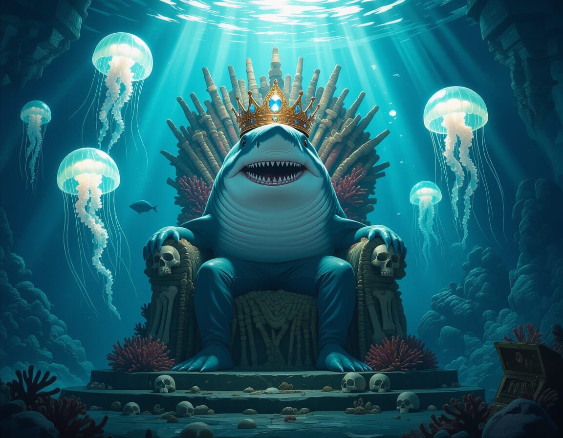 Megalodon King on Coral Throne, Underwater Fantasy