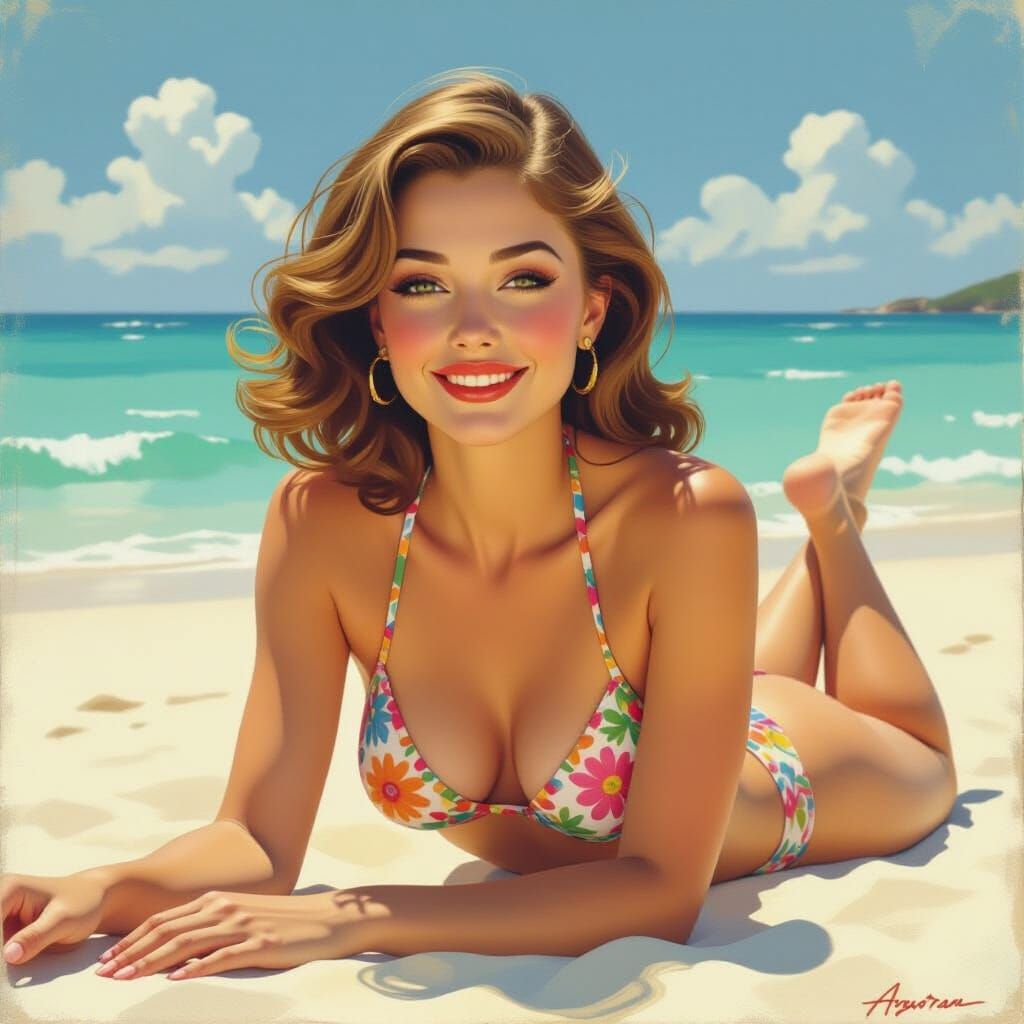 Beachy Pin-Up Girl in Art Nouveau Style