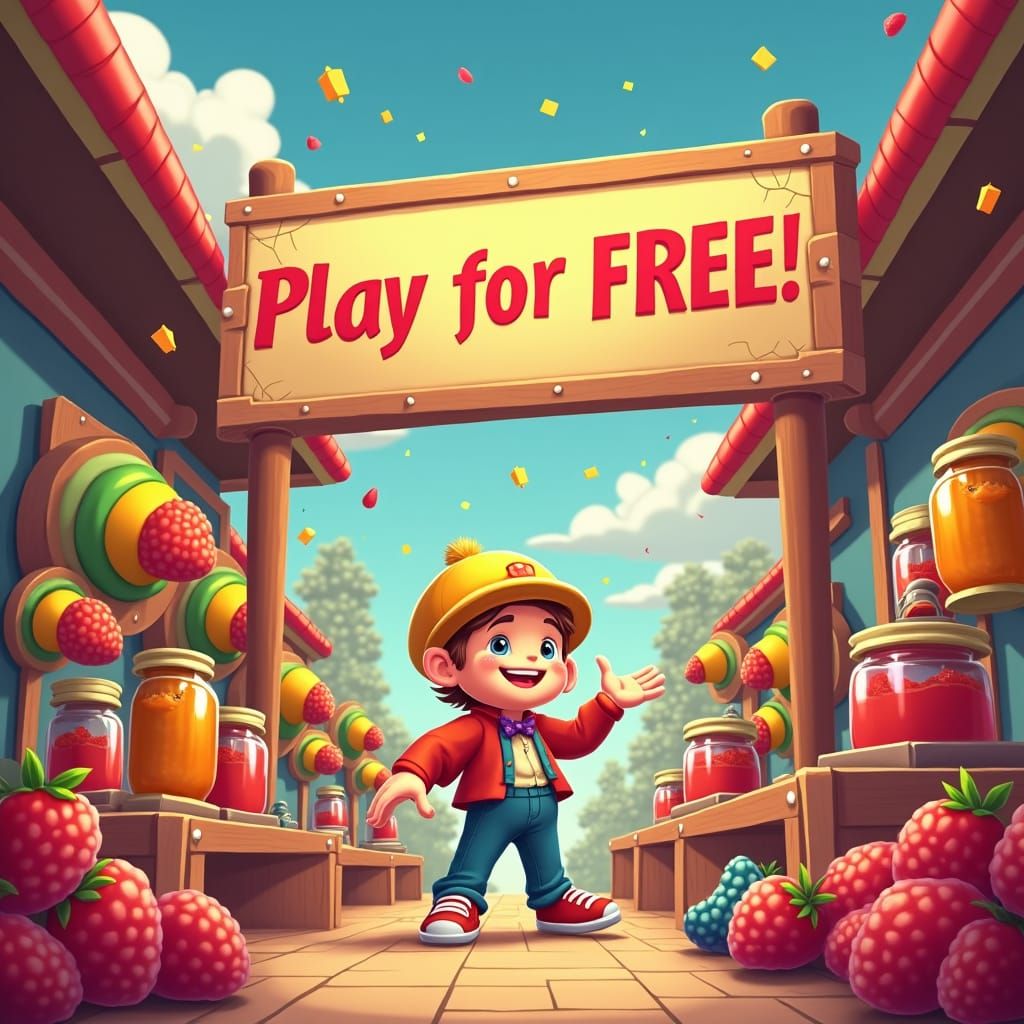 Colorful Berry Factory Illustration in Wes Anderson Style