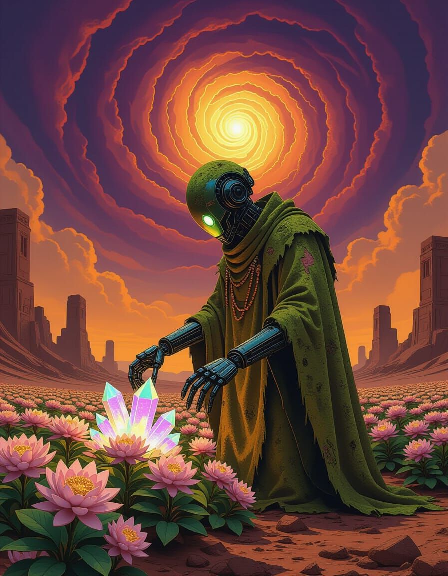 Moss Automaton in Alien Garden: Brutalist Sci-Fi Art