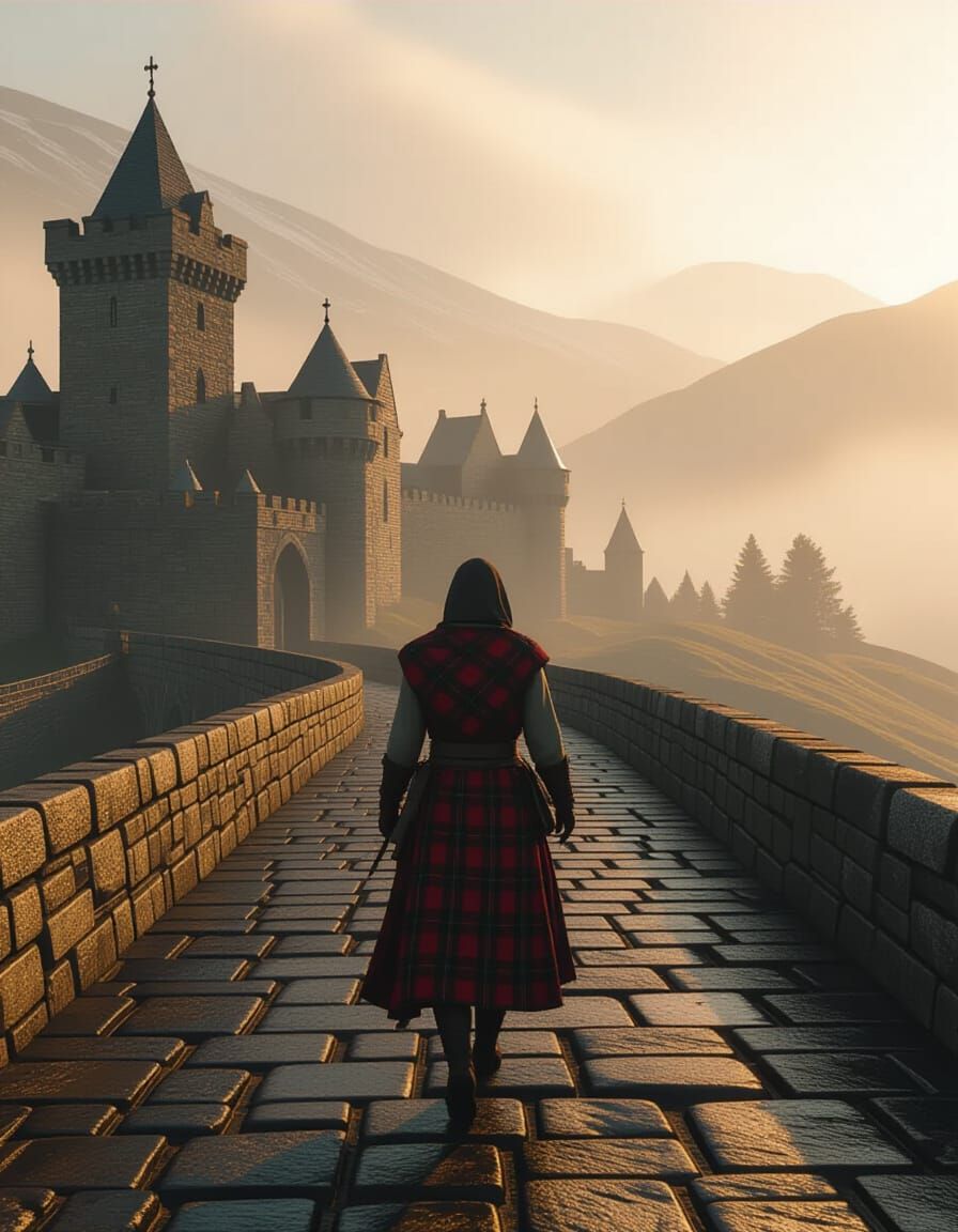 Peasant Crossing Bridge in Misty Scotland Art