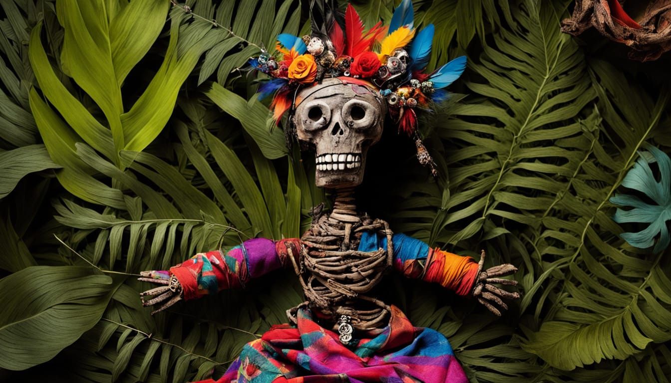 Dark Magic Voodoo Doll in Vibrant Tropical Folk Art Style