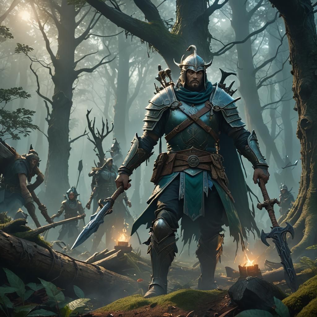 Fantasy Warrior Gathering Magical Tools in Mystical Forest