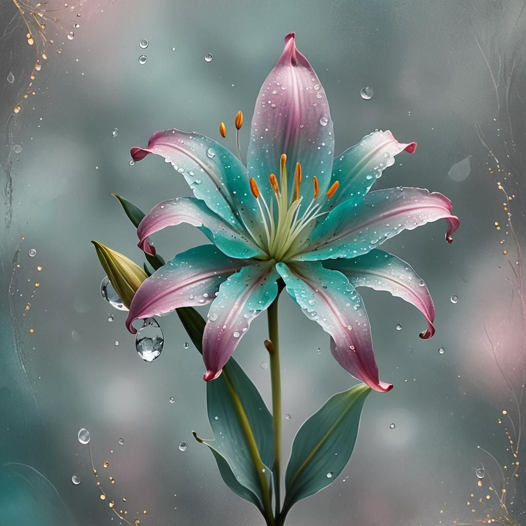 Turquoise Lily with Crystalline Dewdrops in 3D