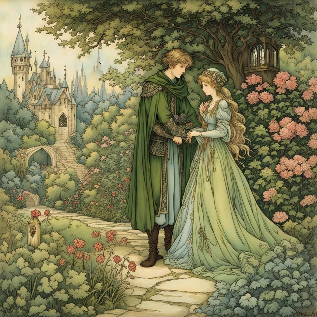 Medieval Fairytale Garden Scene in Anime Style