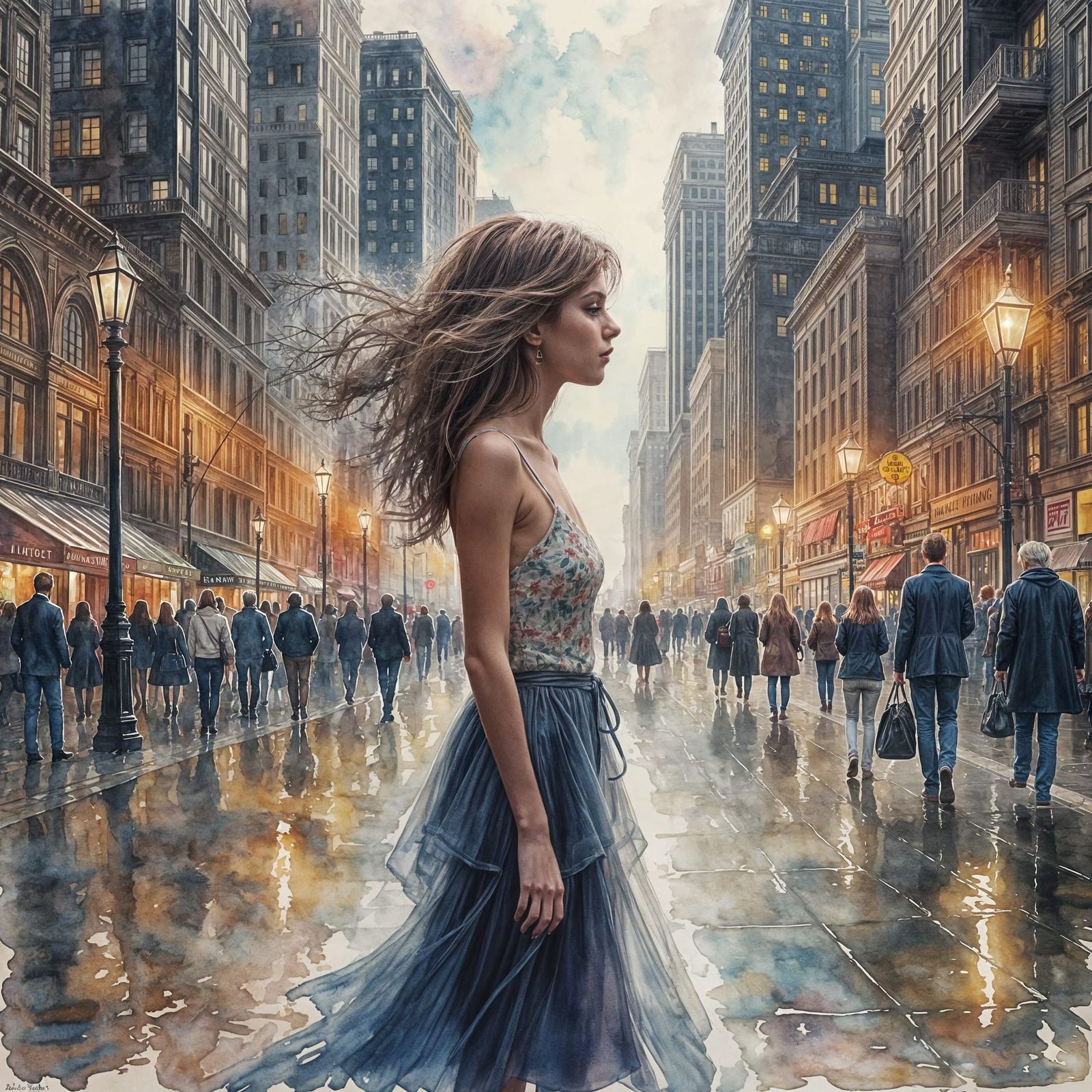 Ethereal Cityscape in Whimsical Watercolor Style