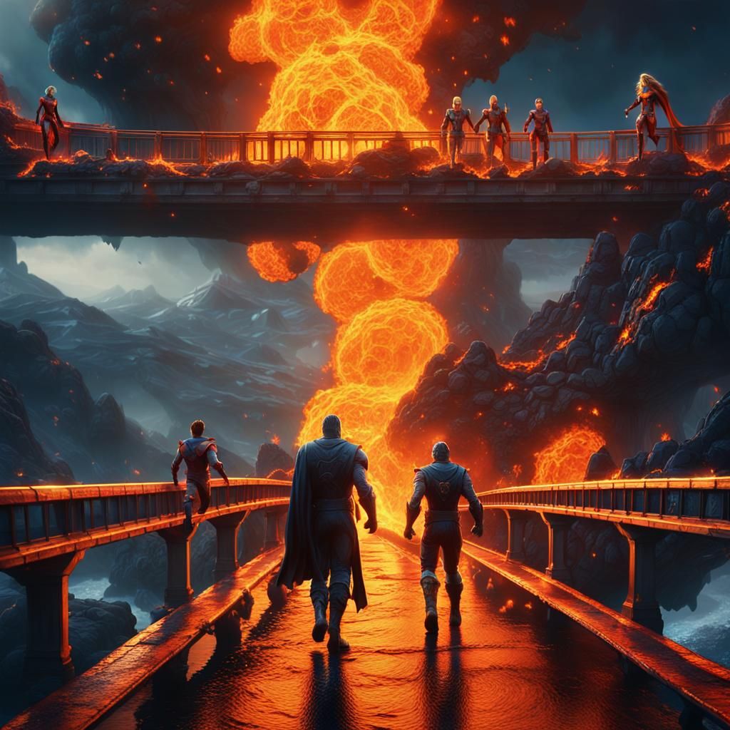 Superheroes on Bridge of Fire: Fantasy Concept Art