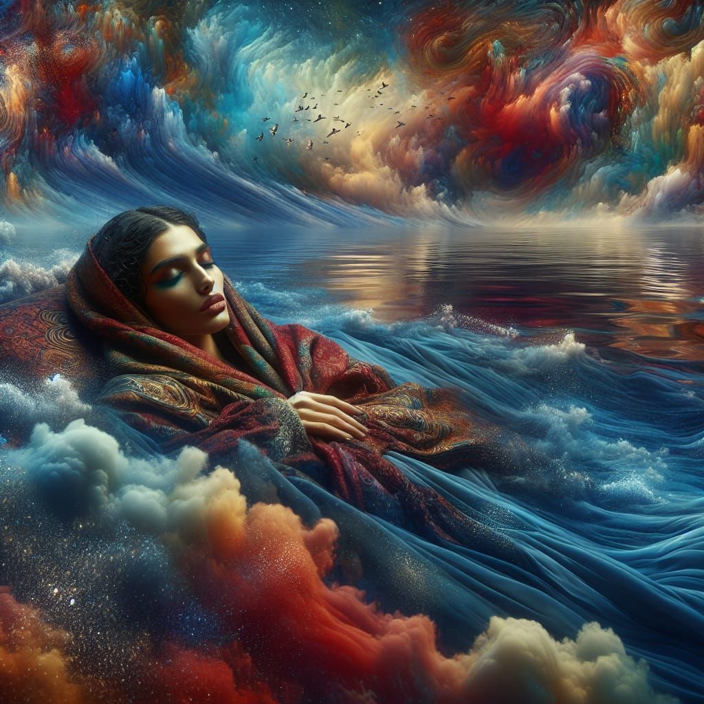 Woman Drifting on Ocean: A Matte Painting in 8k
