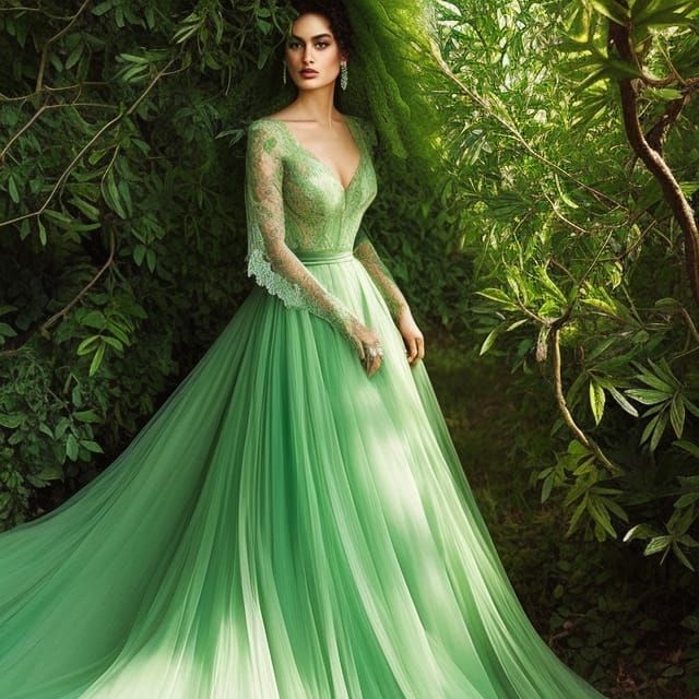 Woman in Green Lace Gown: Digital Art