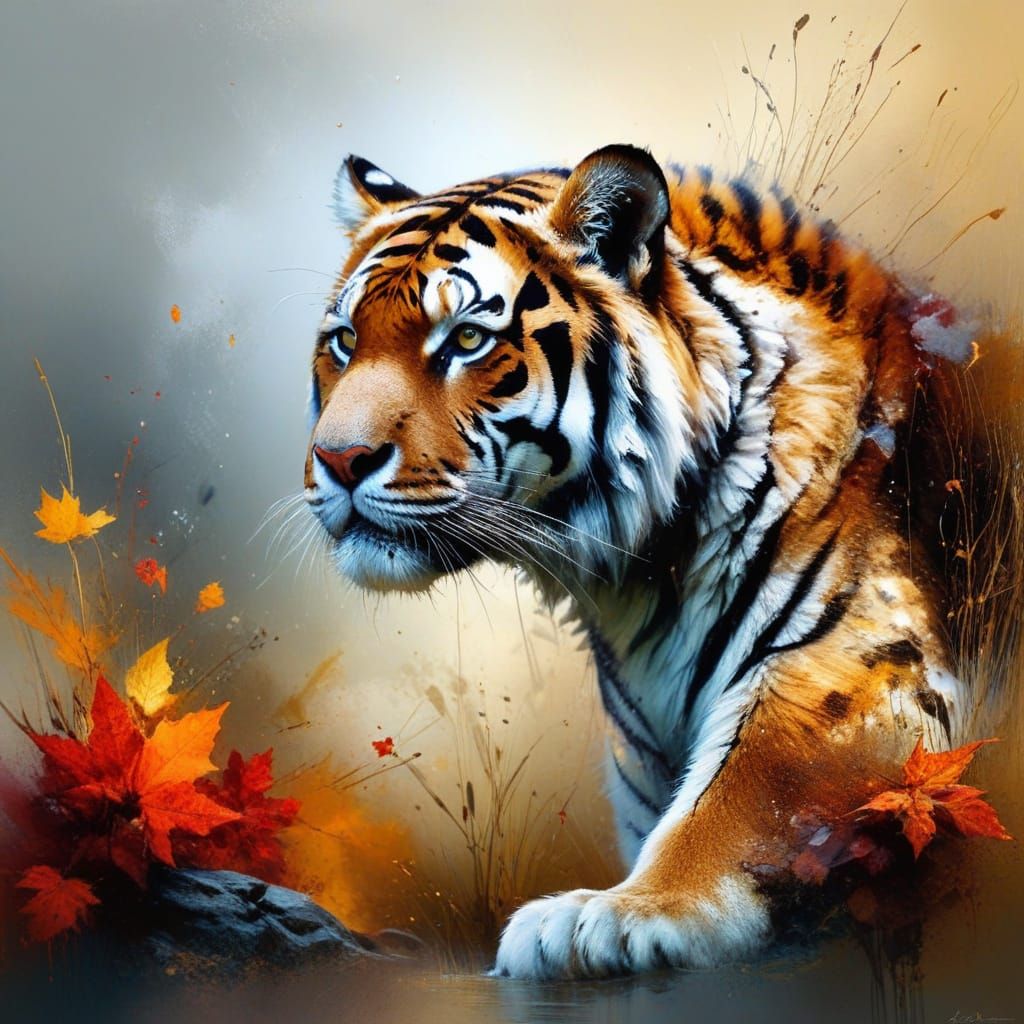Hyper-Realistic Tiger in Autumn Landscape