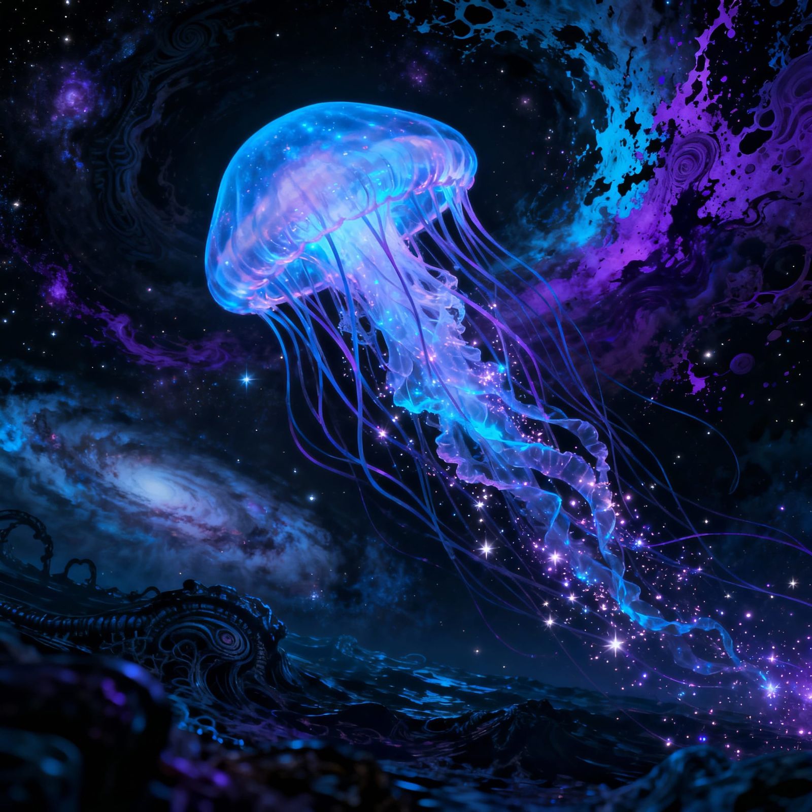 Bioluminescent Jellyfish in Cosmic Ocean