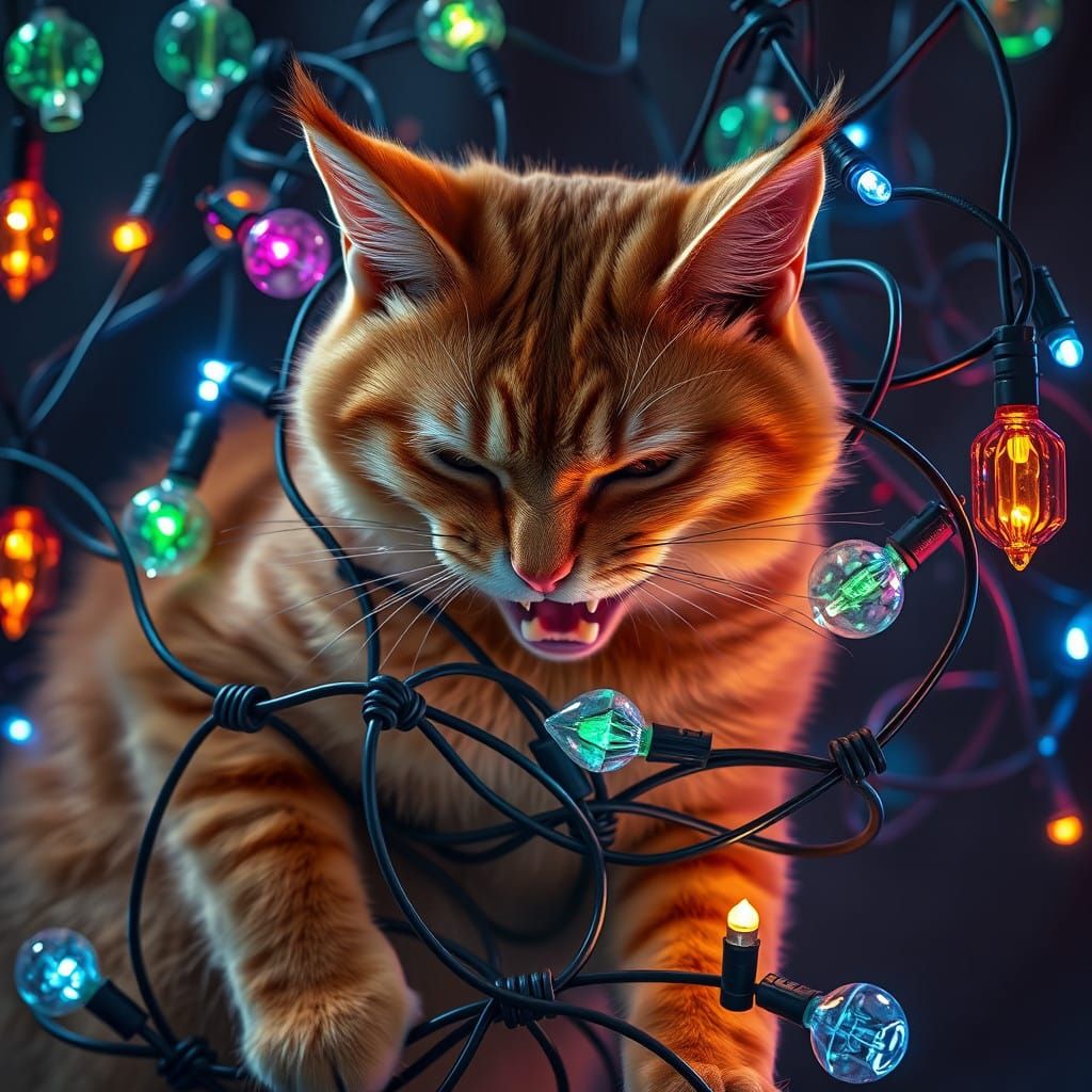 Feral Ginger Cat Entangled in Christmas Lights Nightmare