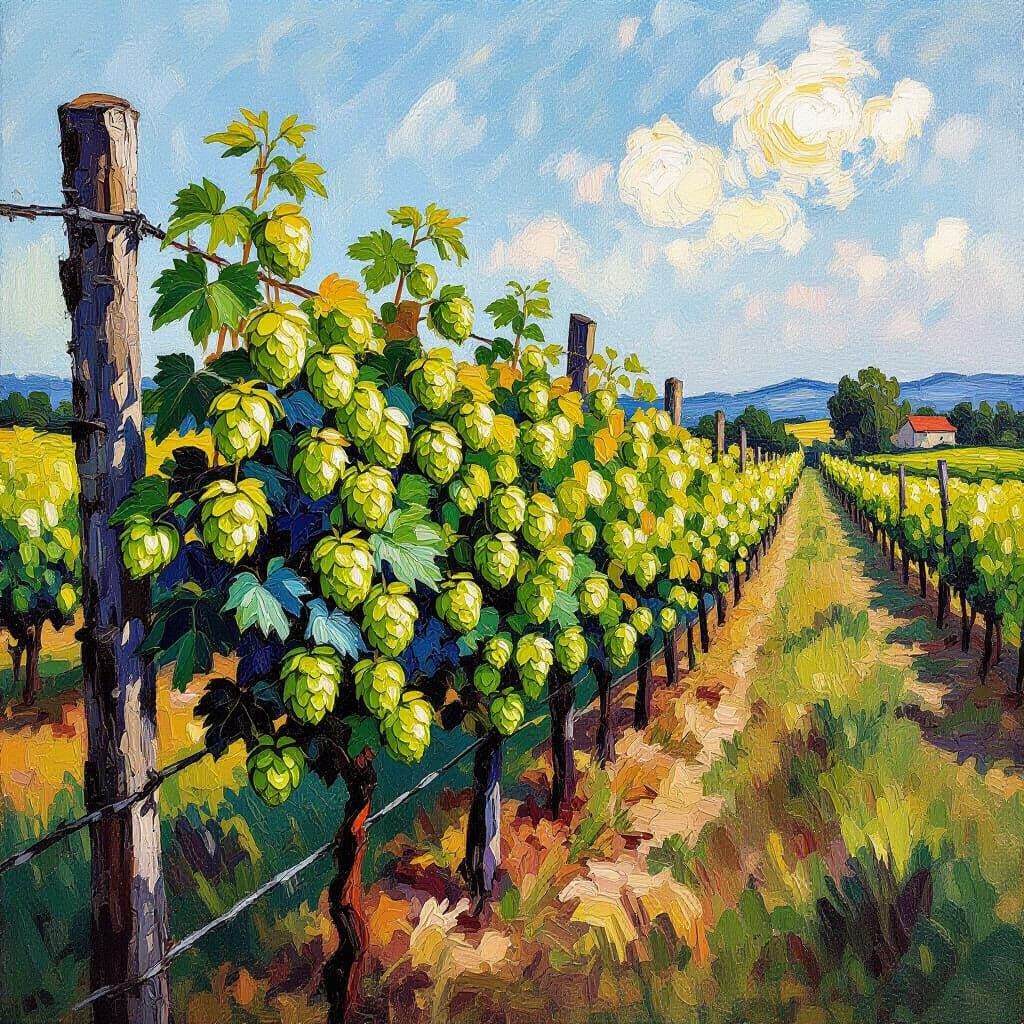 Vibrant Hops Row on Rustic Fence in Neo-Impressionist Style