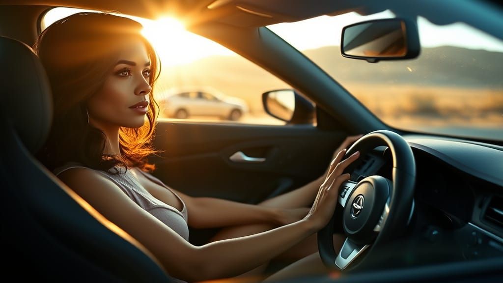 Elegant Latina Woman Drives in Luxurious Hyperrealistic Styl...