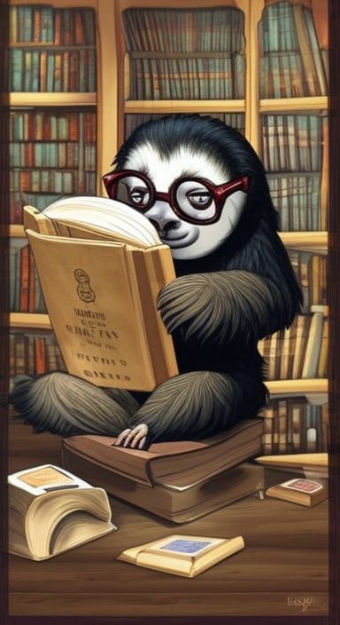 Sloth Reads Book in Library, Cartoon Style