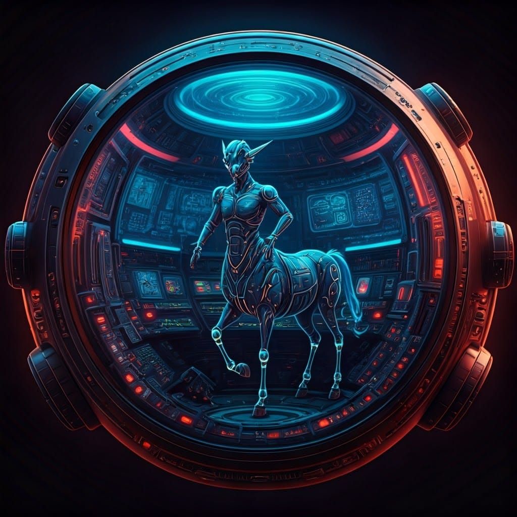 Futuristic Android Centaur in Bubblehead Robot Cockpit