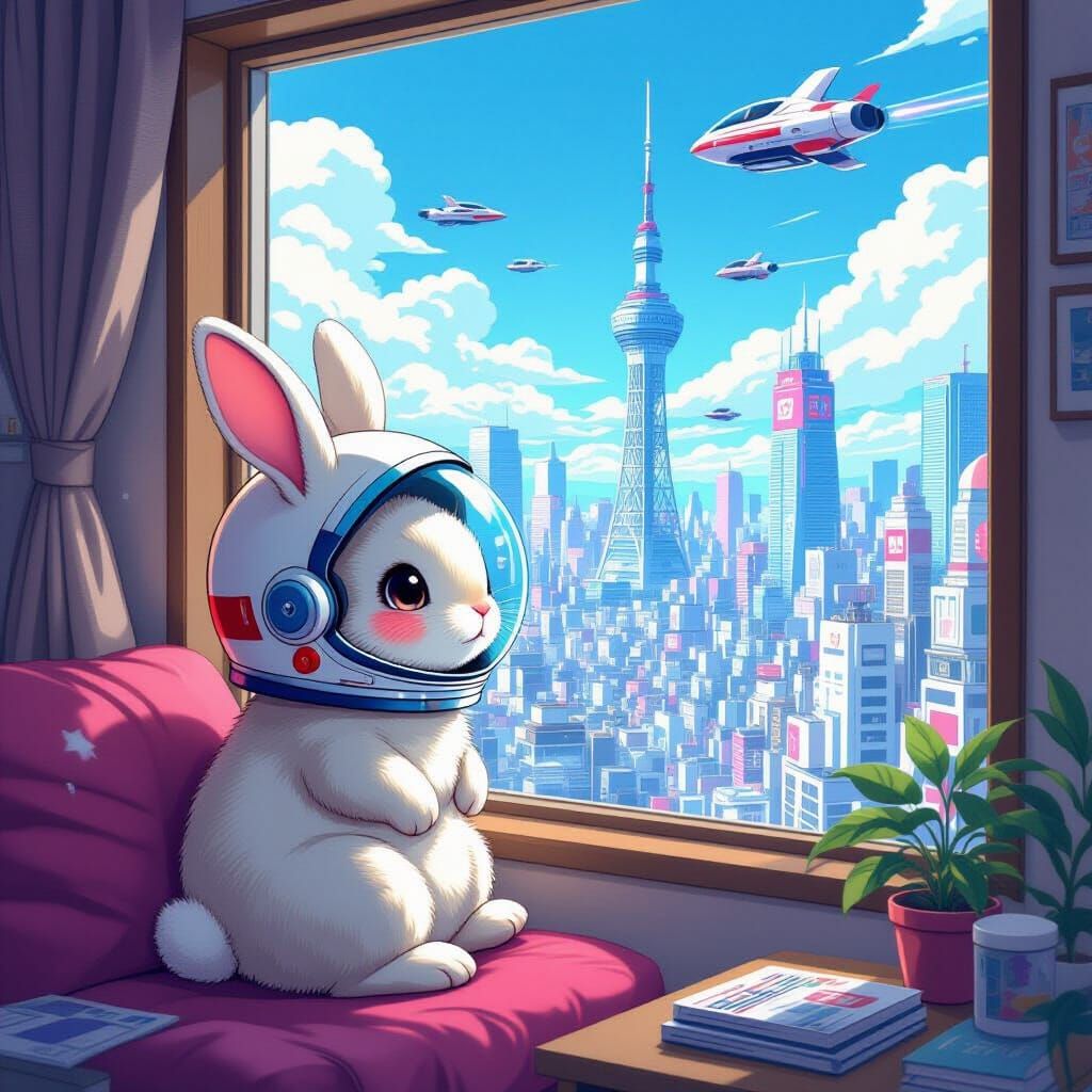 Cute Rabbit Dreams of Space in 80s Anime Style