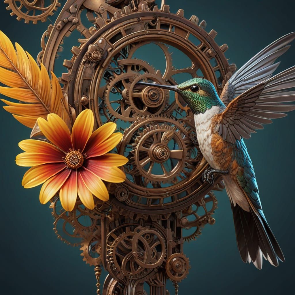 Steampunk Hummingbird Sipping Nectar in Clockwork Garden