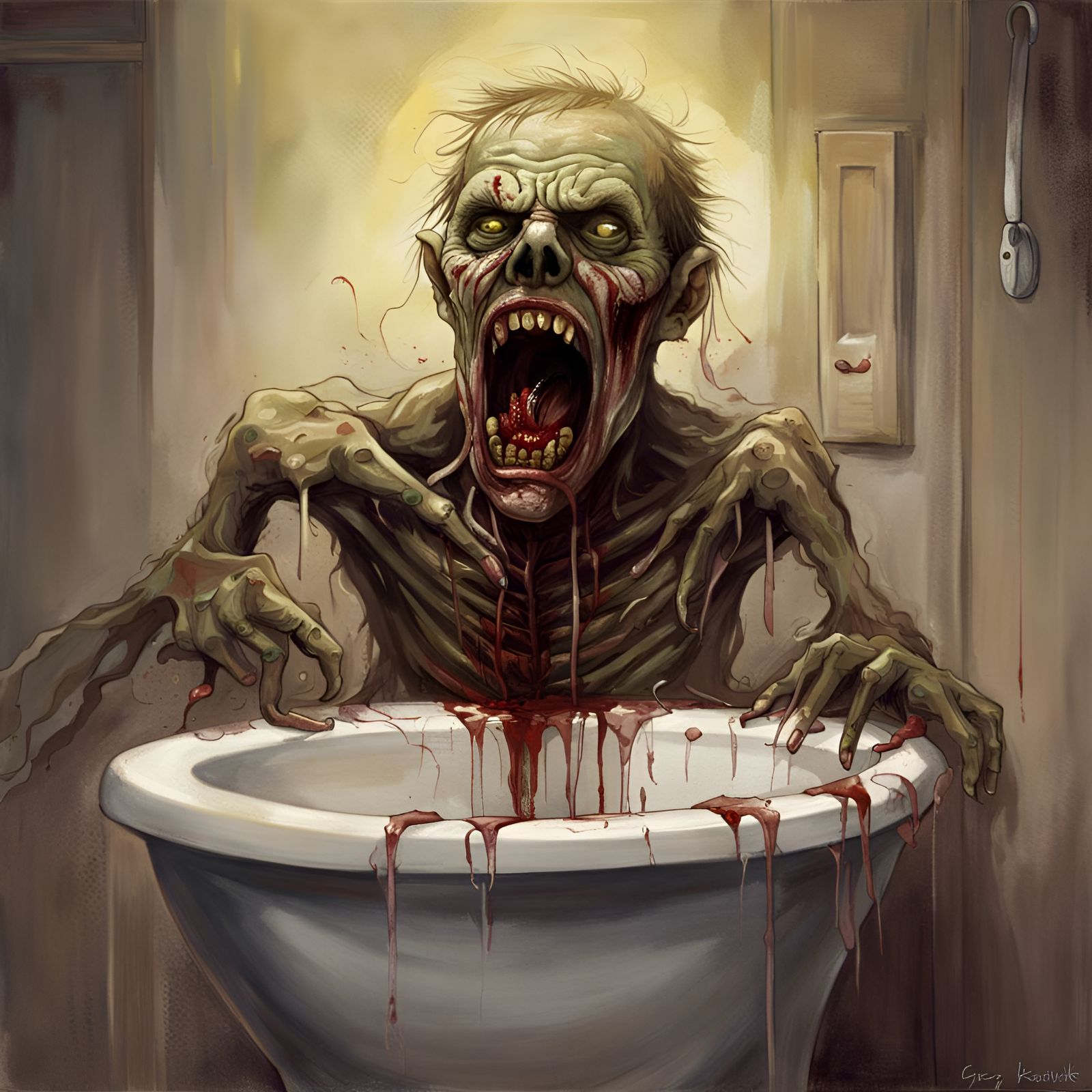 Sinister Zombie Roaring in Toilet Bowl