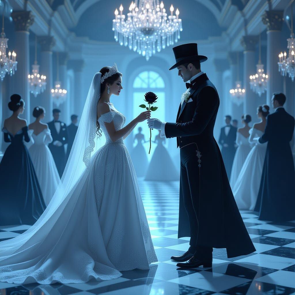 Ethereal Couple in Haunted Ballroom