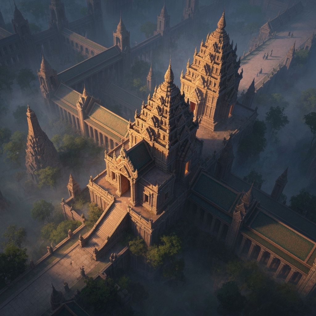 Aerial View of Ancient Temple at Twilight, Digital Matte Pai...