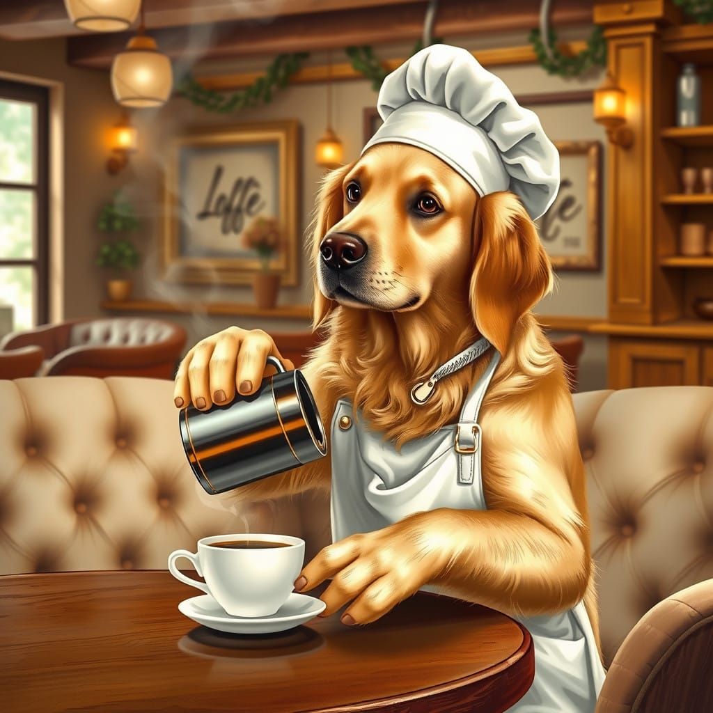 Golden Retriever Barista in Whimsical Café Scene