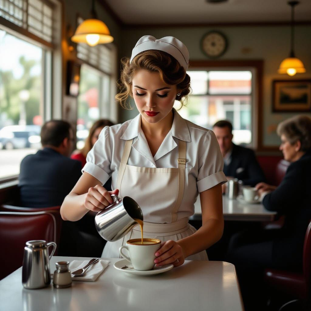 Nostalgic Diner Scene: Waitress in Retro Cafe